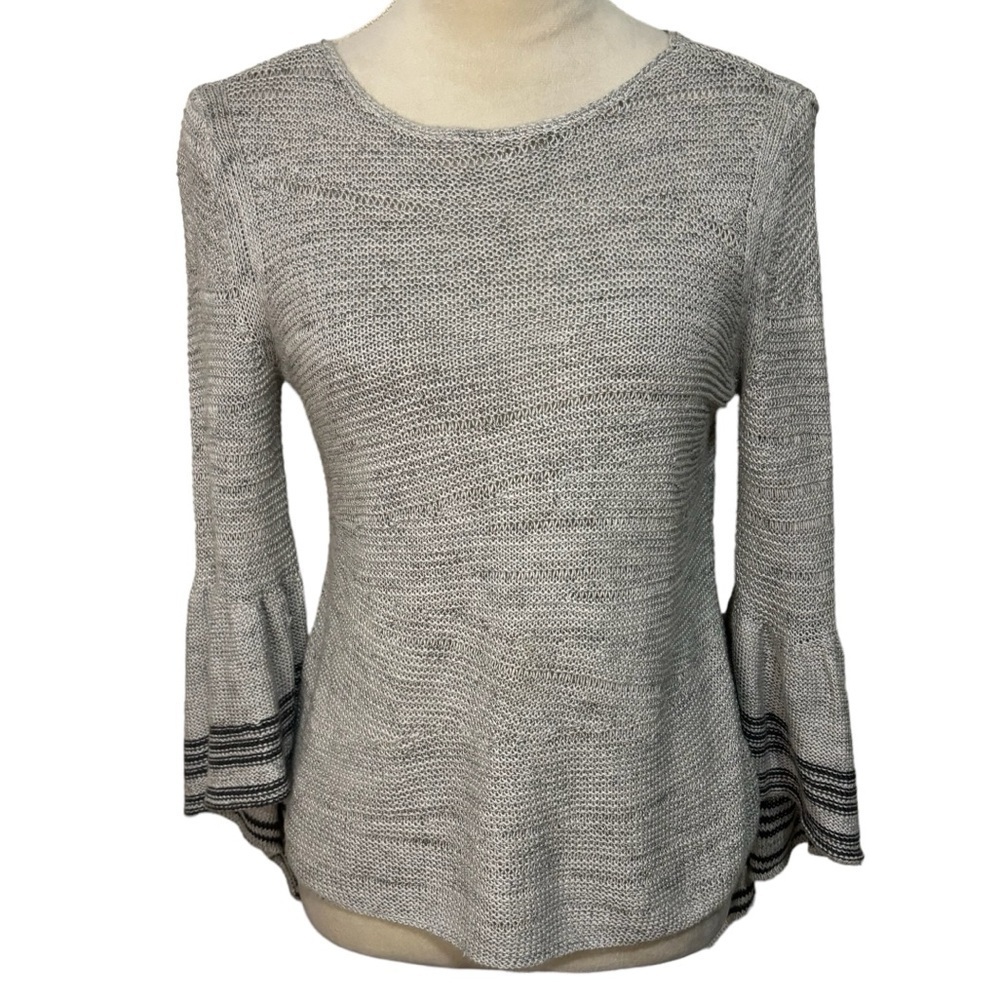 NIC+ZOE Gray Linen Long Striped Ruffle Bell Sleeve Pullover Sweater Size 2P